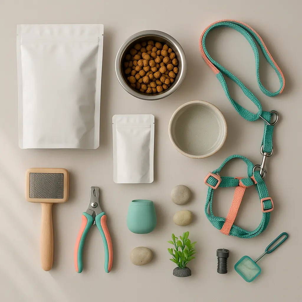 Pet supplies flat lay